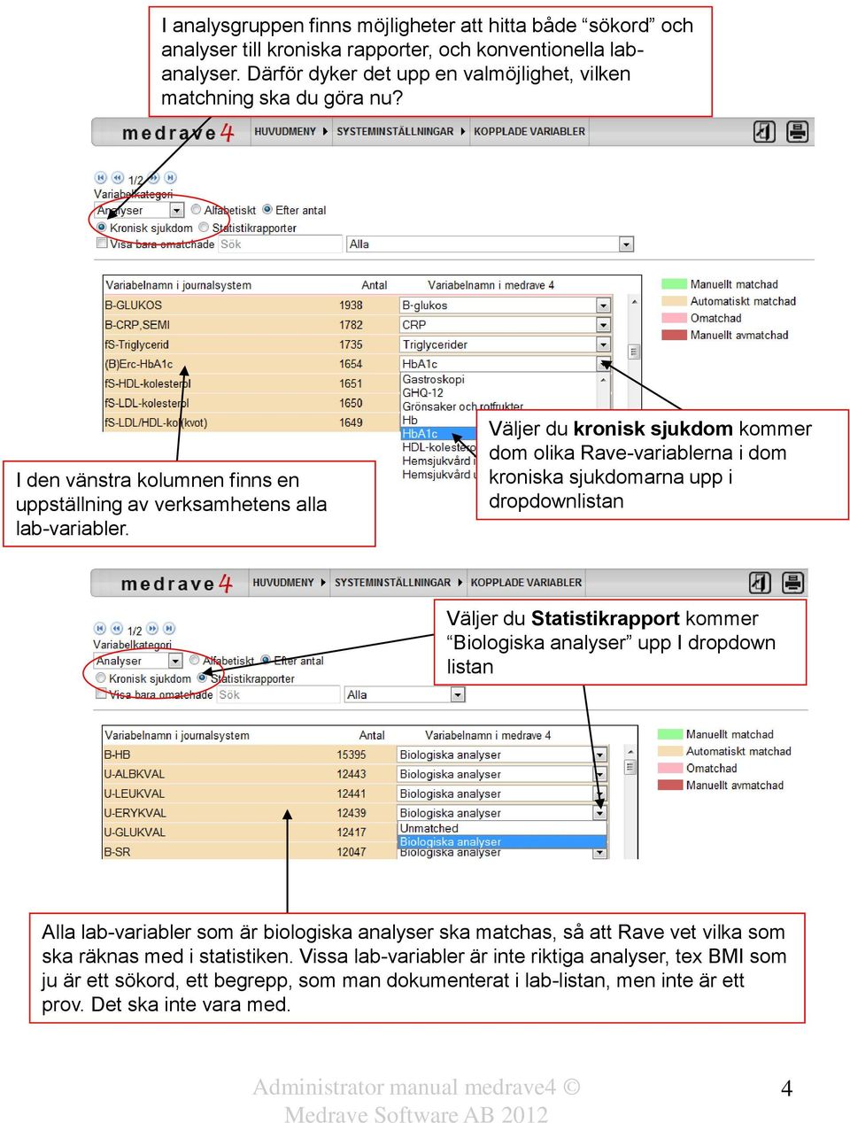 Väljer du kronisk sjukdom kommer dom olika Rave-variablerna i dom kroniska sjukdomarna upp i dropdownlistan Väljer du Statistikrapport kommer Biologiska analyser upp I dropdown listan