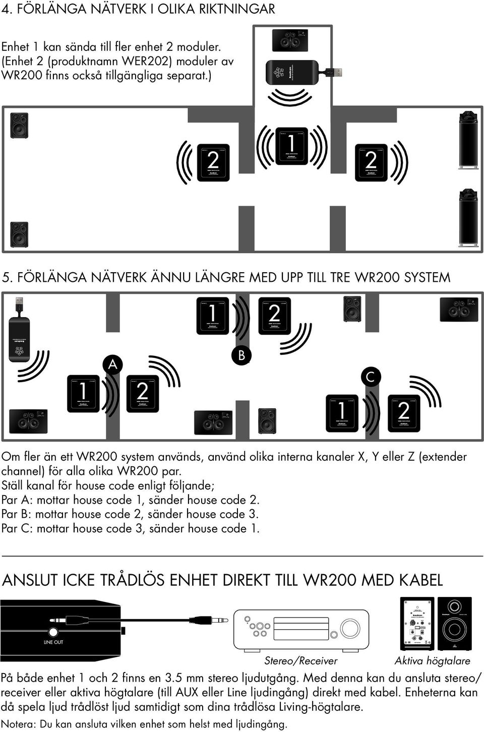 Ställ kanal för house code enligt följande; Par A: mottar house code 1, sänder house code 2. Par B: mottar house code 2, sänder house code 3. Par C: mottar house code 3, sänder house code 1.