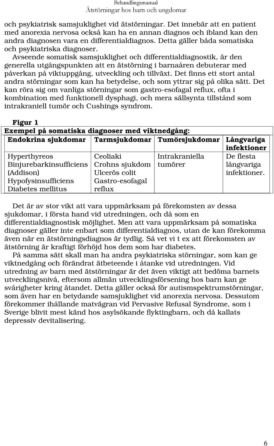 Avseende somatisk samsjuklighet och differentialdiagnostik, är den generella utgångspunkten att en ätstörning i barnaåren debuterar med påverkan på viktuppgång, utveckling och tillväxt.