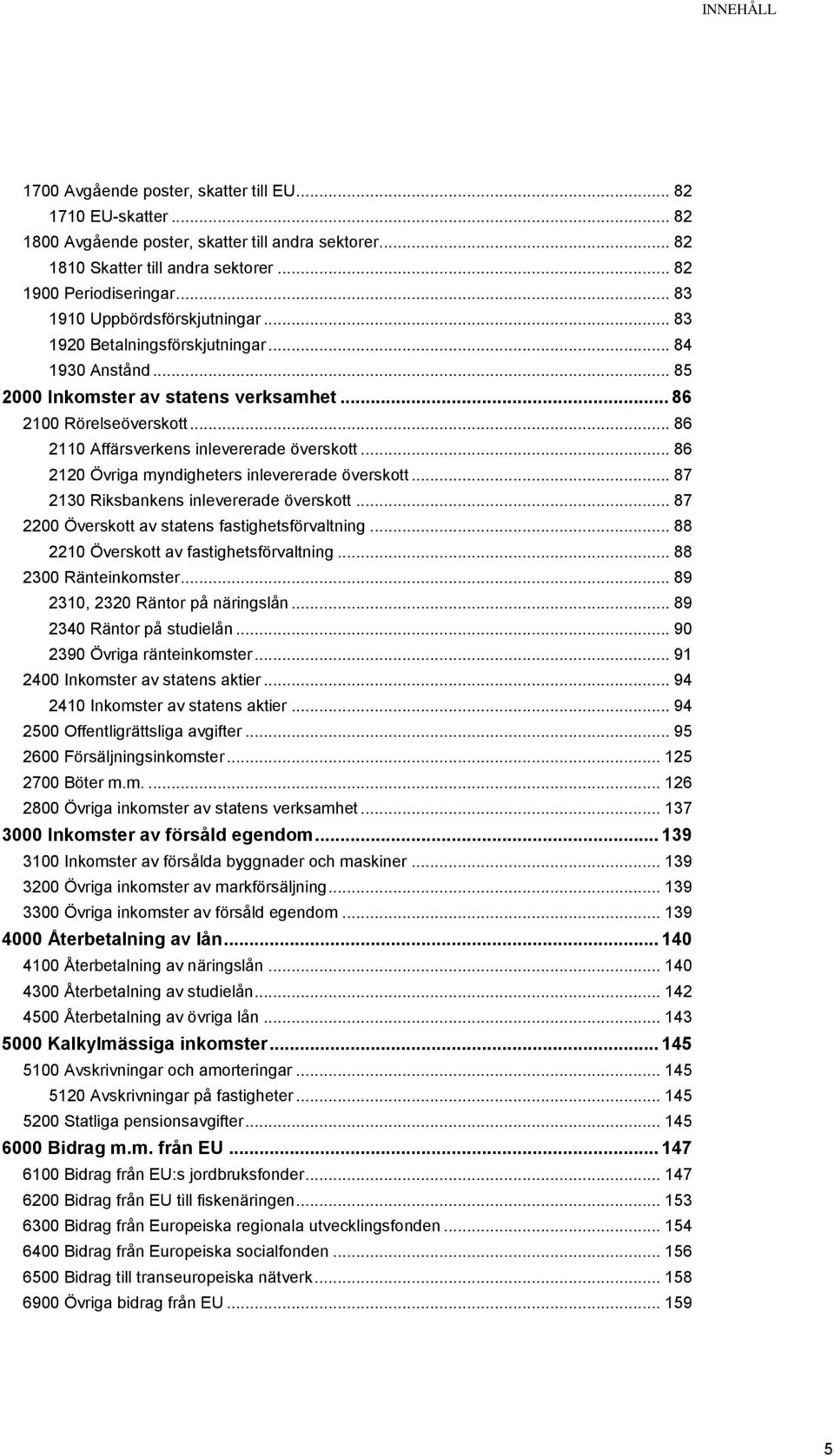 .. 86 2110 Affärsverkens inlevererade överskott... 86 2120 Övriga myndigheters inlevererade överskott... 87 2130 Riksbankens inlevererade överskott... 87 2200 Överskott av statens fastighetsförvaltning.