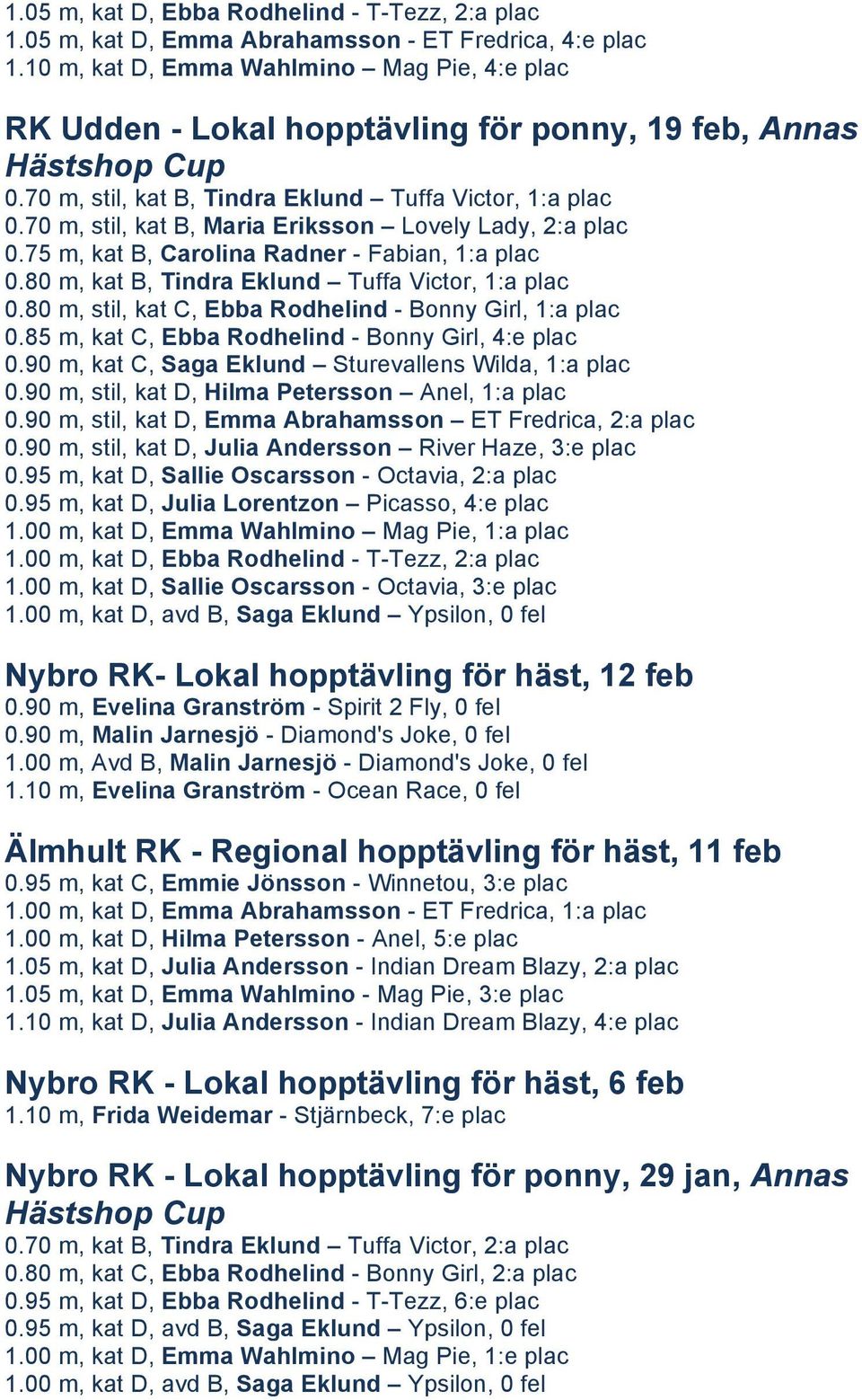 70 m, stil, kat B, Maria Eriksson Lovely Lady, 2:a plac 0.75 m, kat B, Carolina Radner - Fabian, 1:a plac 0.80 m, kat B, Tindra Eklund Tuffa Victor, 1:a plac 0.