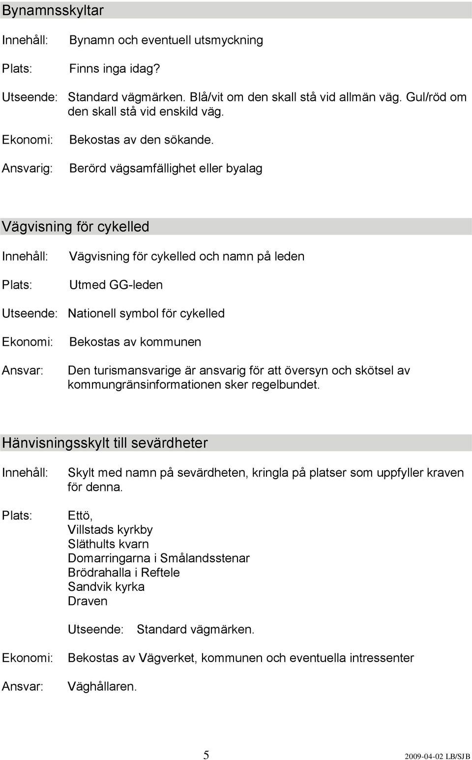 Berörd vägsamfällighet eller byalag Vägvisning för cykelled Vägvisning för cykelled och namn på leden Utmed GG-leden Utseende: Nationell symbol för cykelled Bekostas av kommunen