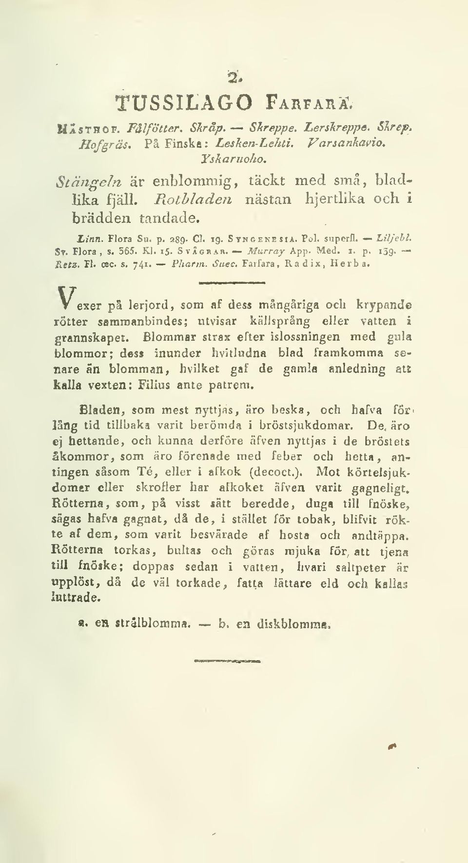 741. Fharm. Suec, Farfara, Radix, Herba. V.exer på lerjord, som af dess mångåriga och krypande rötter sararaanbindes; utvisar källsprång eller vatten i grannskapet.