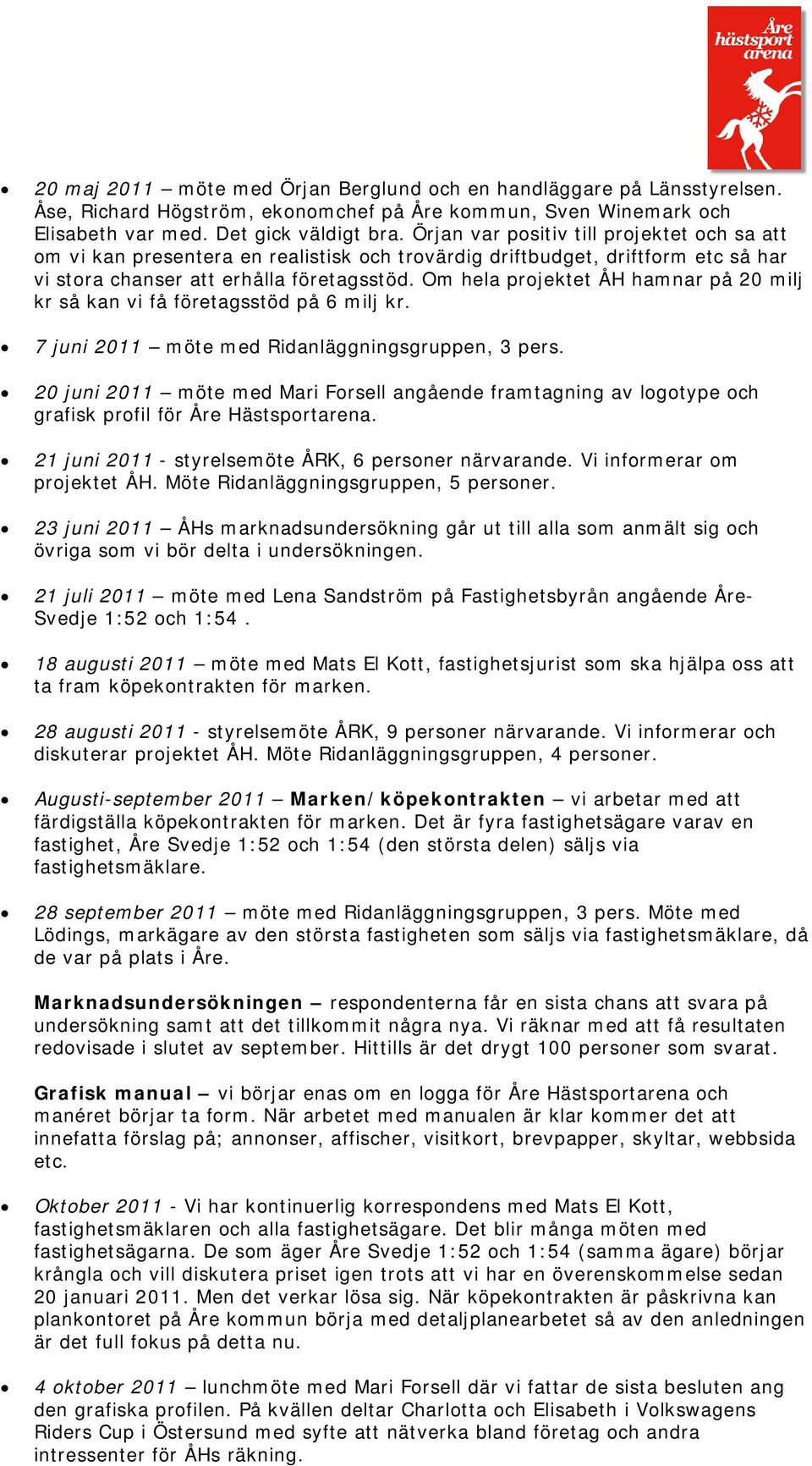 Om hela projektet ÅH hamnar på 20 milj kr så kan vi få företagsstöd på 6 milj kr. 7 juni 2011 möte med Ridanläggningsgruppen, 3 pers.