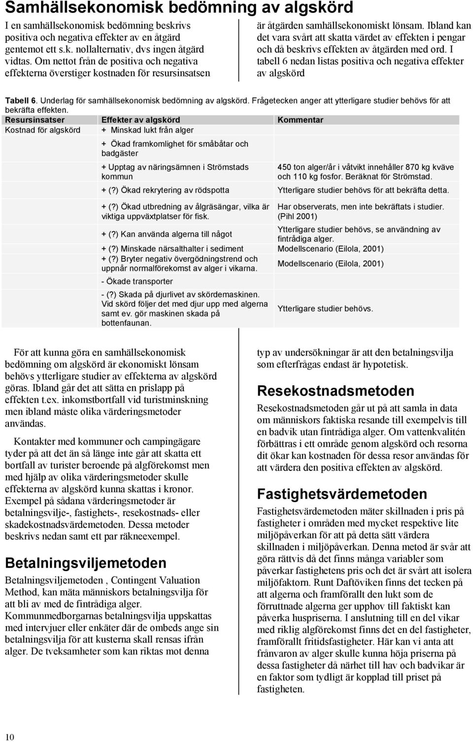 Ibland kan det vara svårt att skatta värdet av effekten i pengar och då beskrivs effekten av åtgärden med ord. I tabell 6 nedan listas positiva och negativa effekter av algskörd Tabell 6.