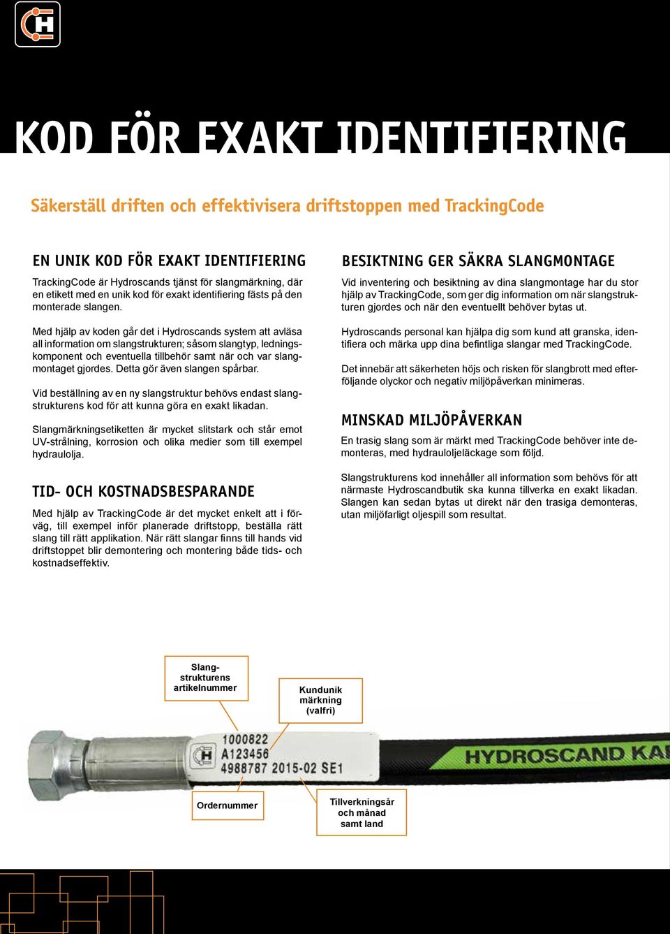 Med hjälp av koden går det i Hydroscands system att avläsa all information om slangstrukturen; såsom slangtyp, ledningskomponent och eventuella tillbehör samt när och var slangmontaget gjordes.