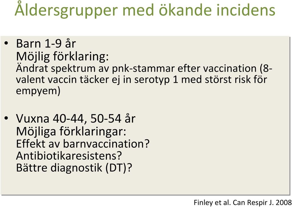 störst risk för empyem) Vuxna 40 44, 50 54 år Möjliga förklaringar: Effekt av