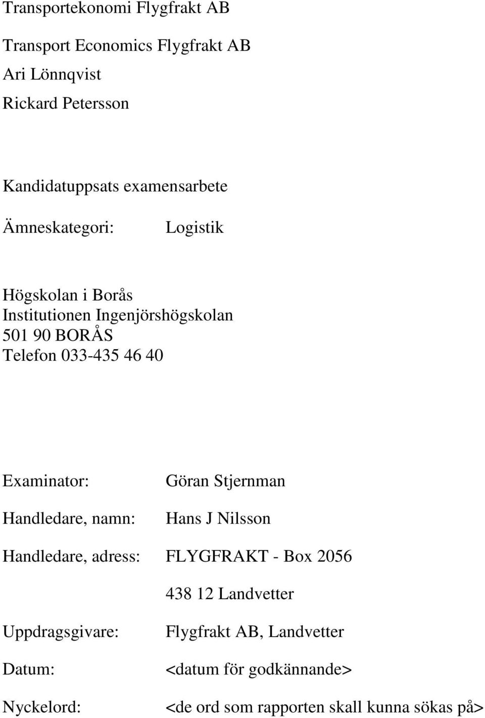 40 Examinator: Handledare, namn: Göran Stjernman Hans J Nilsson Handledare, adress: FLYGFRAKT - Box 2056 438 12