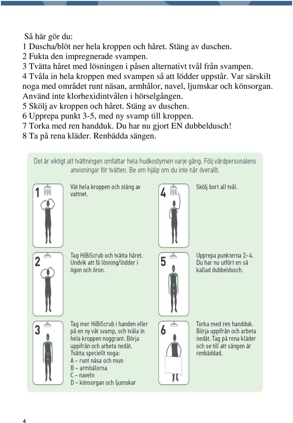 Var särskilt noga med området runt näsan, armhålor, navel, ljumskar och könsorgan. Använd inte klorhexidintvålen i hörselgången.