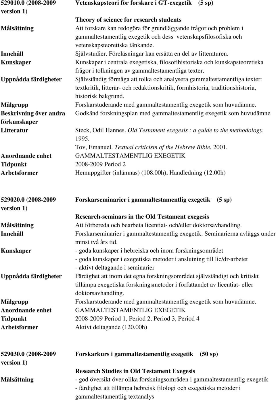 och problem i gammaltestamentlig exegetik och dess vetenskapsfilosofiska och vetenskapsteoretiska tänkande. Självstudier. Föreläsningar kan ersätta en del av litteraturen.