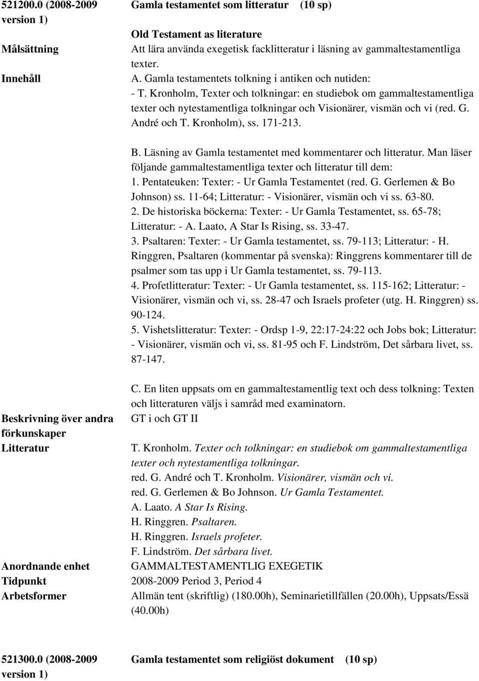 Beskrivning över andra B. Läsning av Gamla testamentet med kommentarer och litteratur. Man läser följande gammaltestamentliga texter och litteratur till dem: 1.