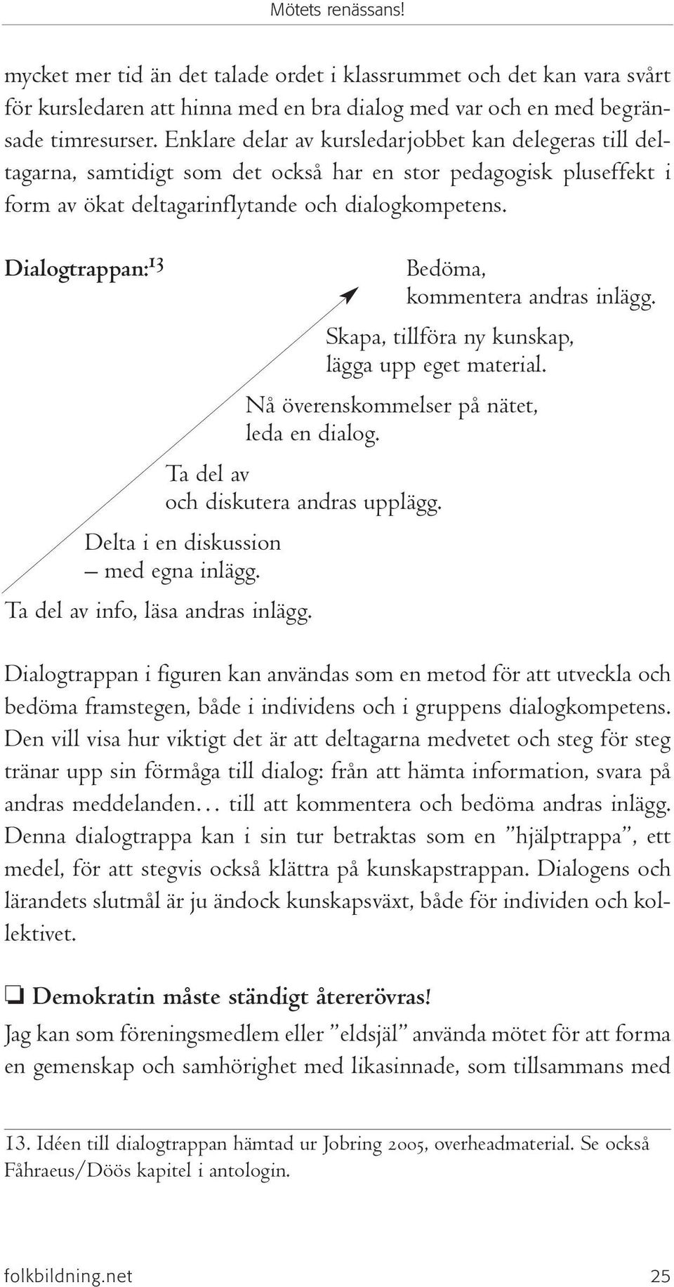 Dialogtrappan: 13 Bedöma, kommentera andras inlägg. Skapa, tillföra ny kunskap, lägga upp eget material. Nå överenskommelser på nätet, leda en dialog. Ta del av och diskutera andras upplägg.