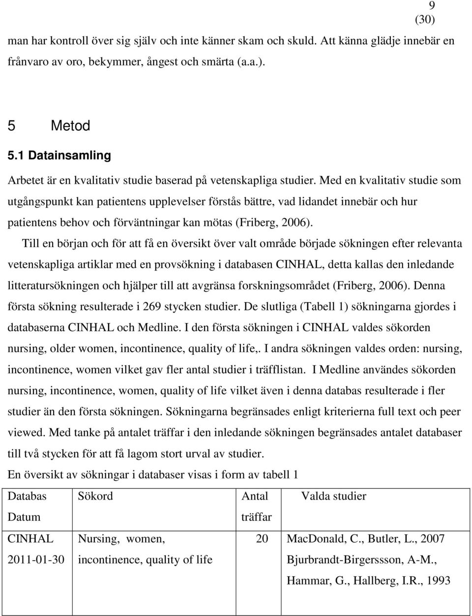 Med en kvalitativ studie som utgångspunkt kan patientens upplevelser förstås bättre, vad lidandet innebär och hur patientens behov och förväntningar kan mötas (Friberg, 2006).