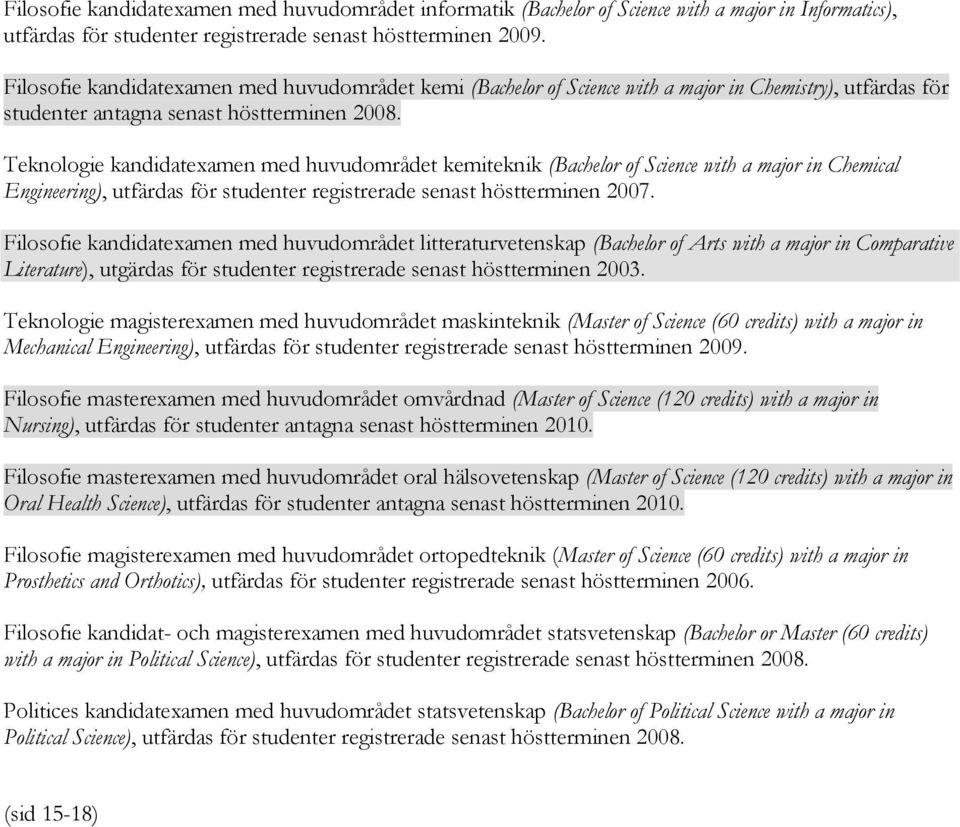 Teknologie kandidateamen med huvudområdet kemiteknik ( with a major in Chemical Engineering), utfärdas för studenter registrerade senast höstterminen 2007.