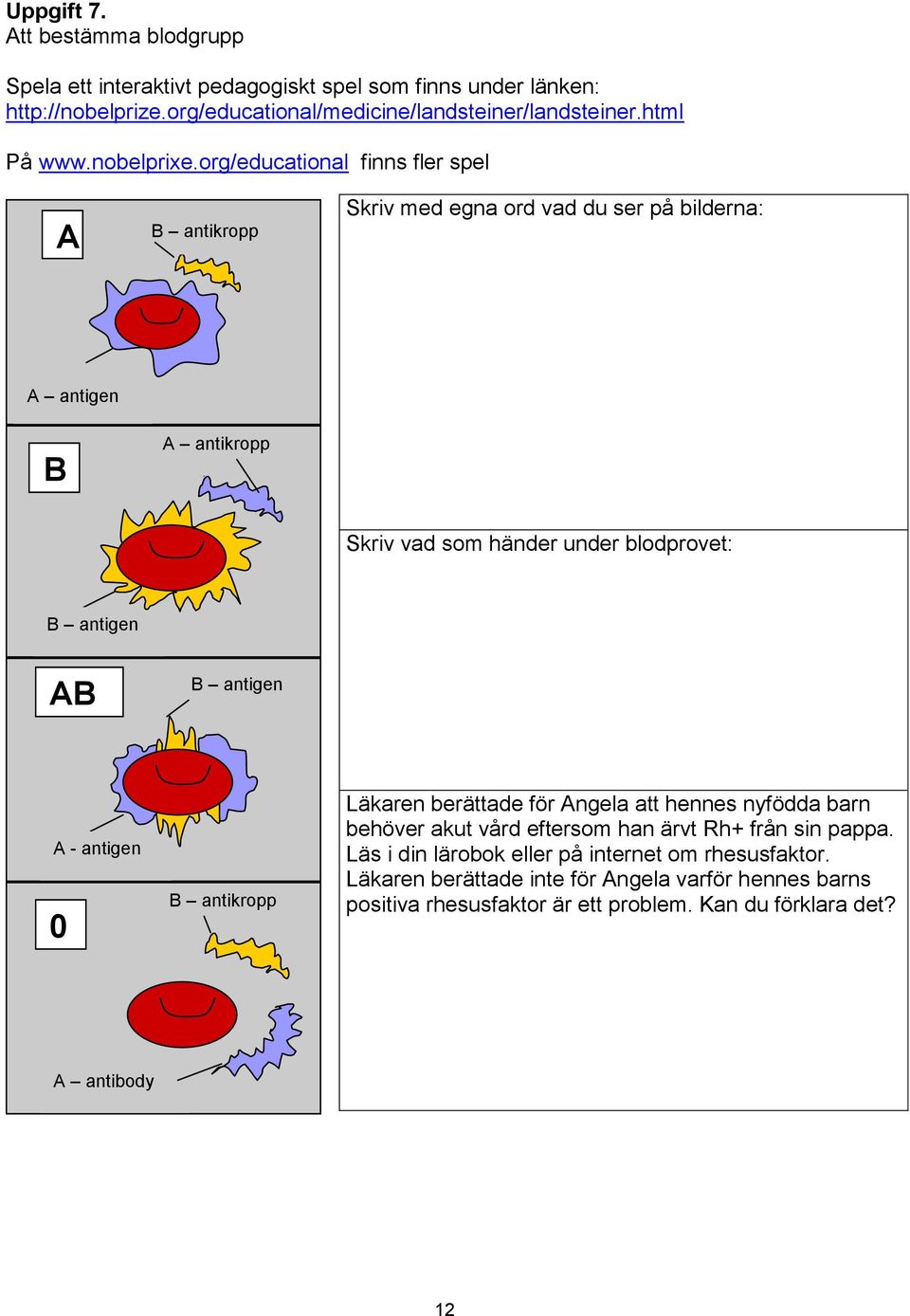 org/educational finns fler spel A B antikropp Skriv med egna ord vad du ser på bilderna: A antigen B A antikropp Skriv vad som händer under blodprovet: B antigen AB BB B