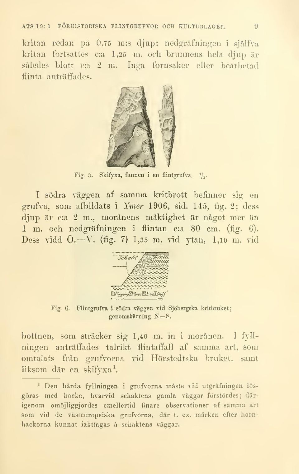 2; dess djup är c:a 2 m., moränens mäktighet är något mer än 1 m. och nedgräfningen i flintan c:a 80 cm. (lig. 6). Dess vidd Ö. V. (fig. 7) 1,35 m. vid ytan, l,io m. vid 1/» Fig. 6. Flintgrufva i södra väggen vid Sjöbergska kritbruket; genomskärning N S.