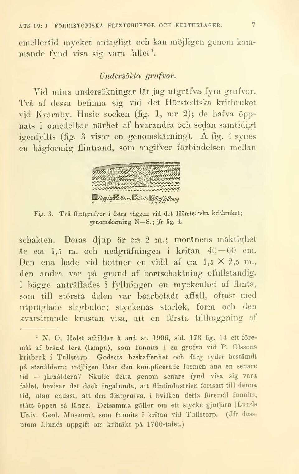 1, n:r 2); de hafva öppnats i omedelbar närhet af hvarandra och sedan samtidigt igenfyllts (fig. 3 visar en genomskärning). A fig. 4 synes en bågformig flintrand, som angifver förbindelsen mellan Fig.