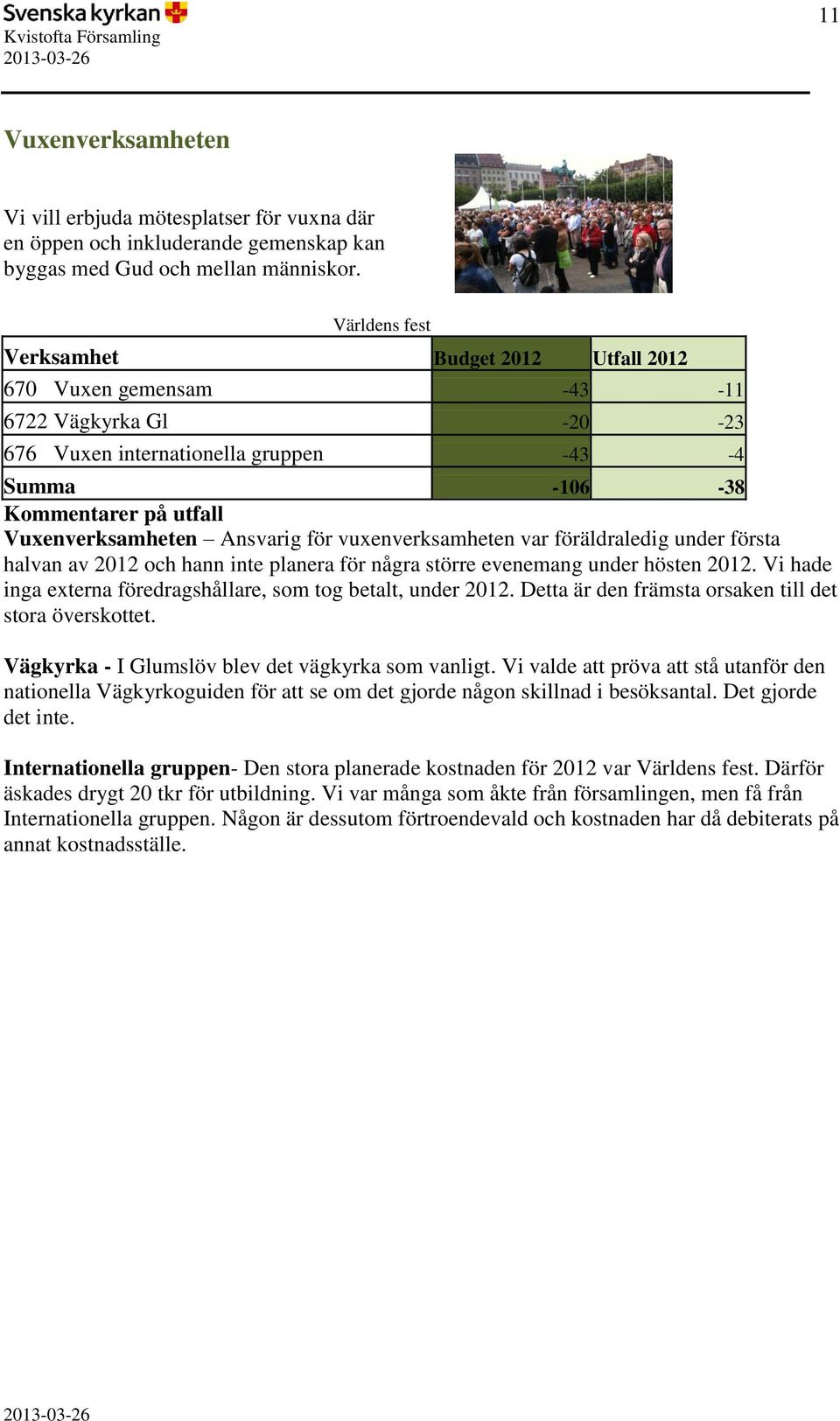 Ansvarig för vuxenverksamheten var föräldraledig under första halvan av 2012 och hann inte planera för några större evenemang under hösten 2012.