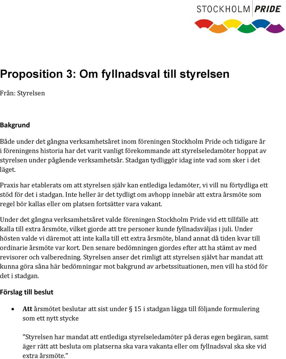 Praxis har etablerats om att styrelsen själv kan entlediga ledamöter, vi vill nu förtydliga ett stöd för det i stadgan.