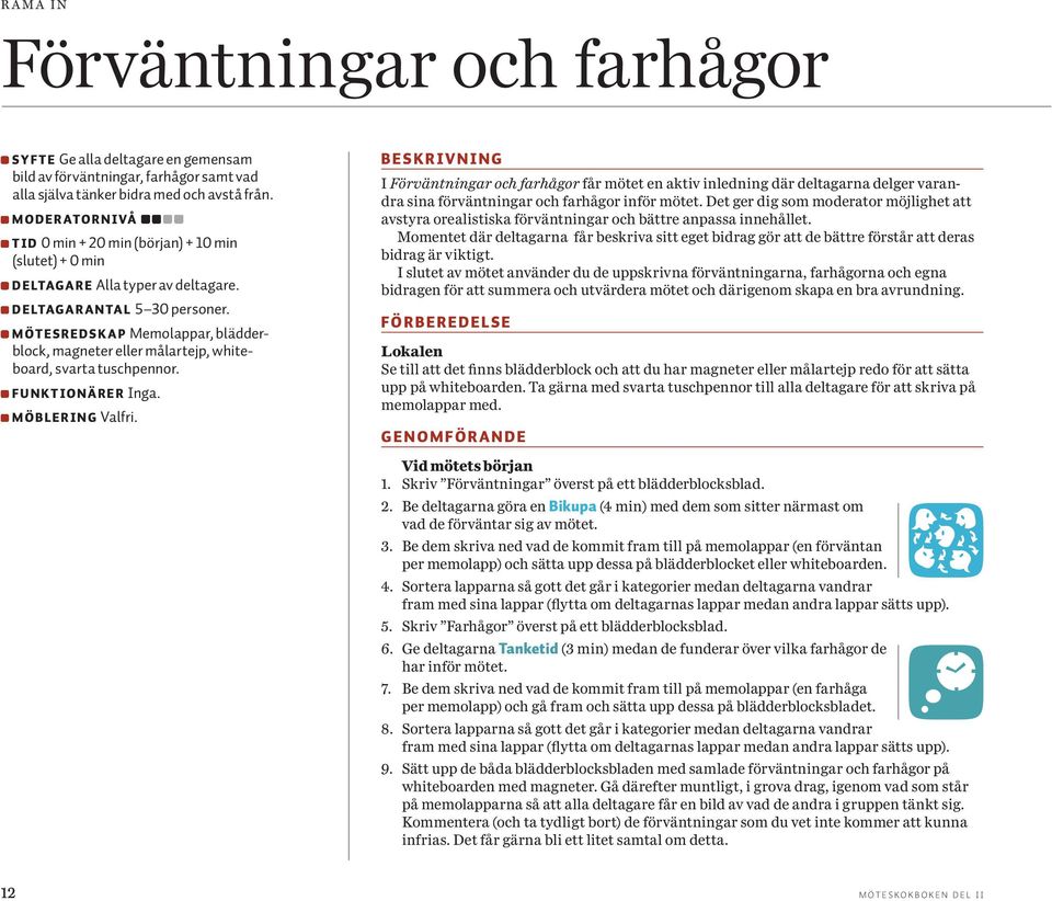 MÖTESREDSK AP Memolappar, blädderblock, magneter eller målartejp, whiteboard, svarta tuschpennor. FUNKTIONÄRER Inga. MÖBLERING Valfri.
