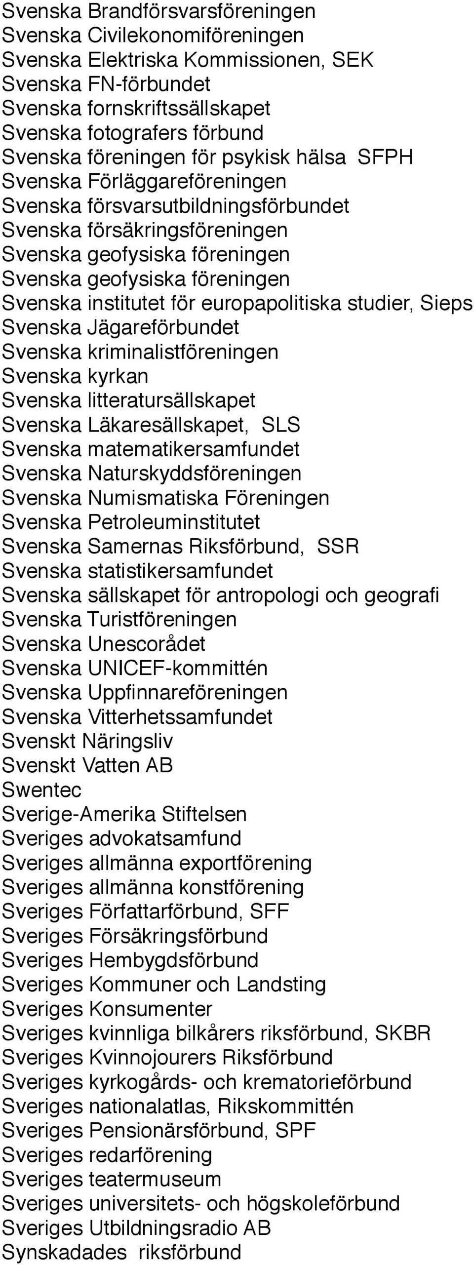 för europapolitiska studier, Sieps Svenska Jägareförbundet Svenska kriminalistföreningen Svenska kyrkan Svenska litteratursällskapet Svenska Läkaresällskapet, SLS Svenska matematikersamfundet Svenska