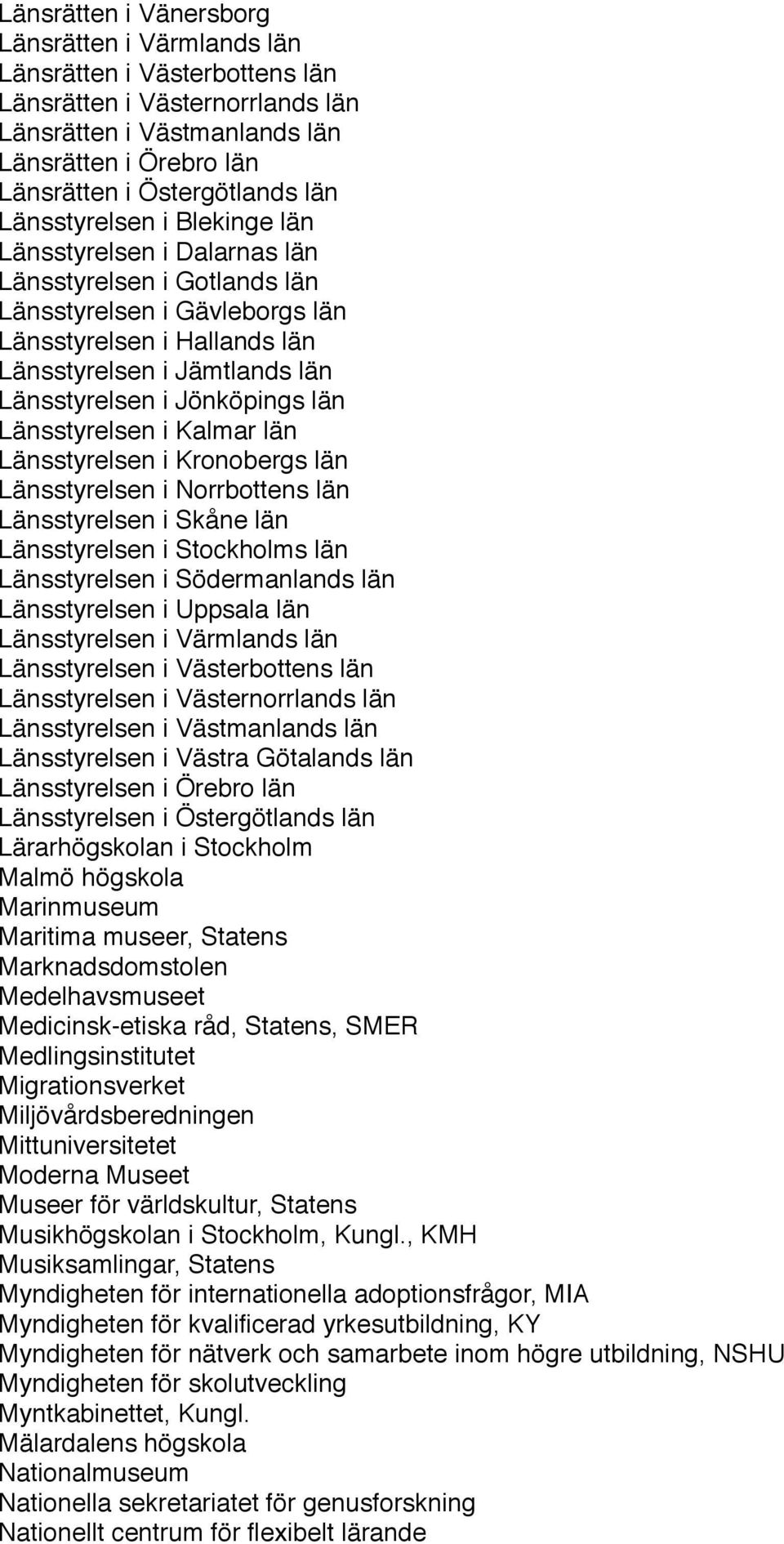 Jönköpings län Länsstyrelsen i Kalmar län Länsstyrelsen i Kronobergs län Länsstyrelsen i Norrbottens län Länsstyrelsen i Skåne län Länsstyrelsen i Stockholms län Länsstyrelsen i Södermanlands län