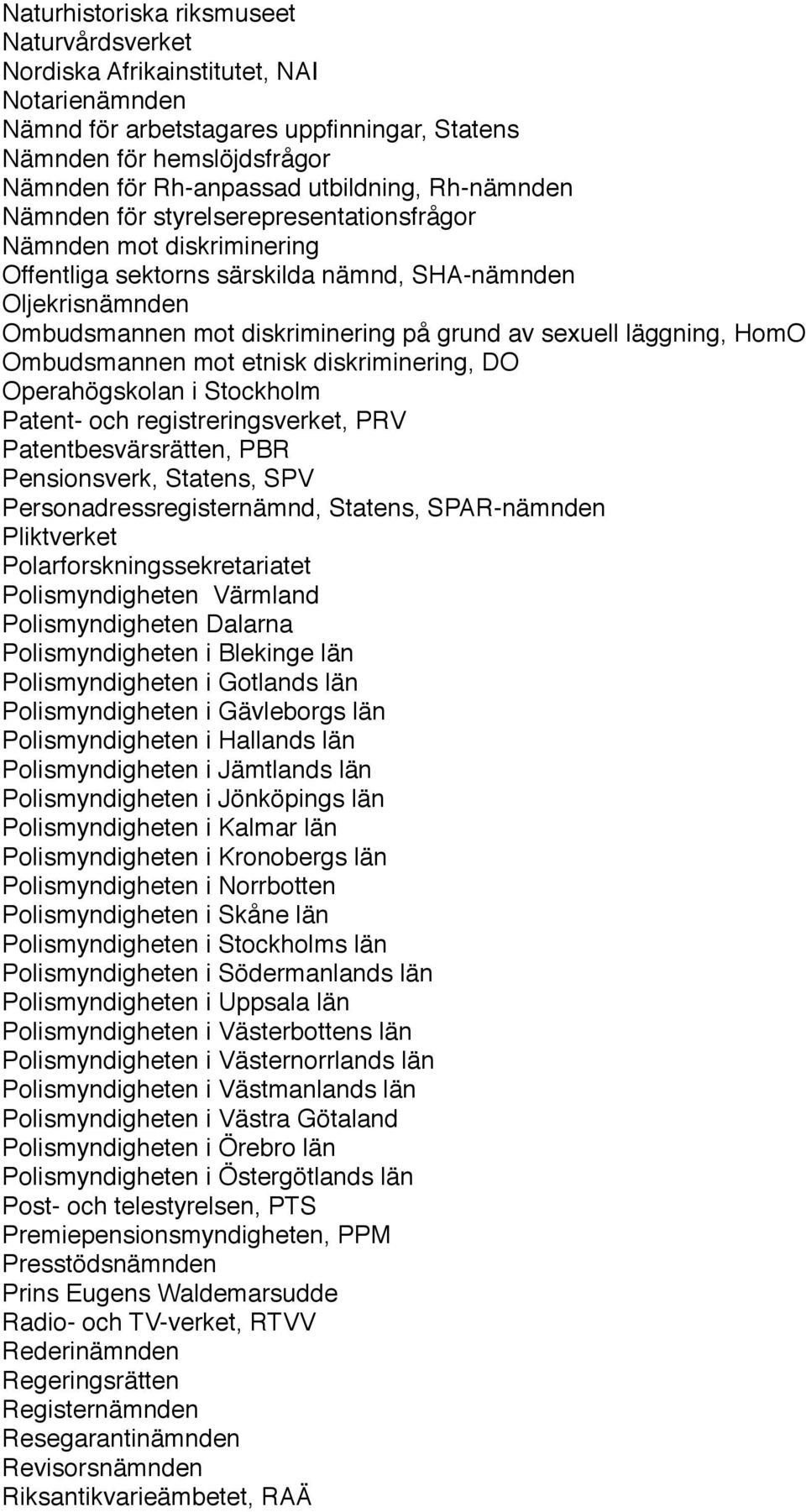 läggning, HomO Ombudsmannen mot etnisk diskriminering, DO Operahögskolan i Stockholm Patent- och registreringsverket, PRV Patentbesvärsrätten, PBR Pensionsverk, Statens, SPV