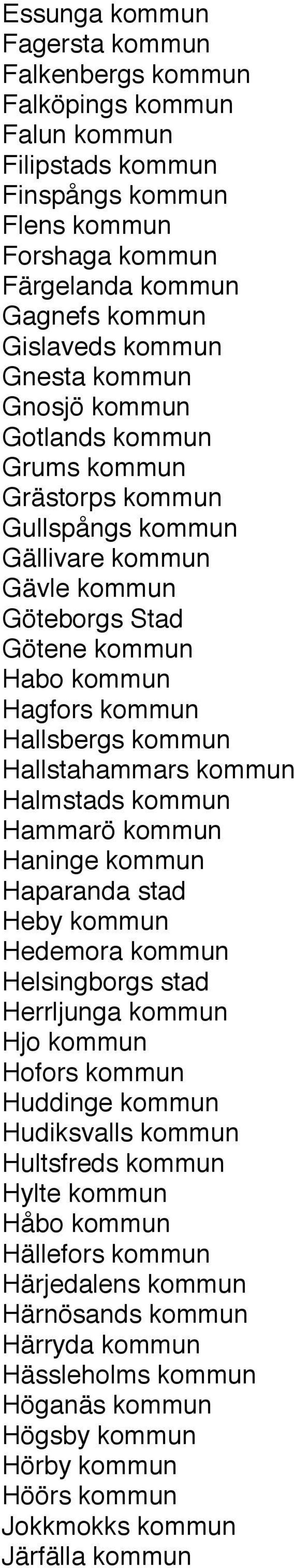 Hallstahammars kommun Halmstads kommun Hammarö kommun Haninge kommun Haparanda stad Heby kommun Hedemora kommun Helsingborgs stad Herrljunga kommun Hjo kommun Hofors kommun Huddinge kommun