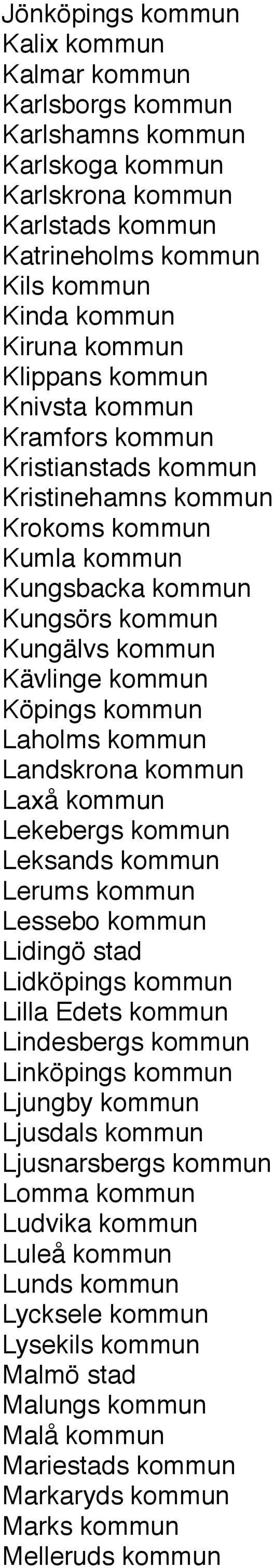 Laholms kommun Landskrona kommun Laxå kommun Lekebergs kommun Leksands kommun Lerums kommun Lessebo kommun Lidingö stad Lidköpings kommun Lilla Edets kommun Lindesbergs kommun Linköpings kommun