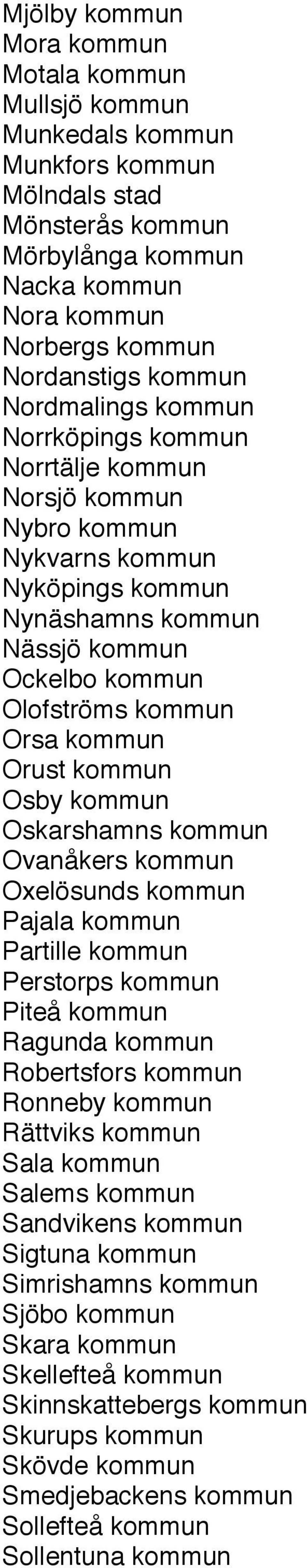 kommun Osby kommun Oskarshamns kommun Ovanåkers kommun Oxelösunds kommun Pajala kommun Partille kommun Perstorps kommun Piteå kommun Ragunda kommun Robertsfors kommun Ronneby kommun Rättviks kommun