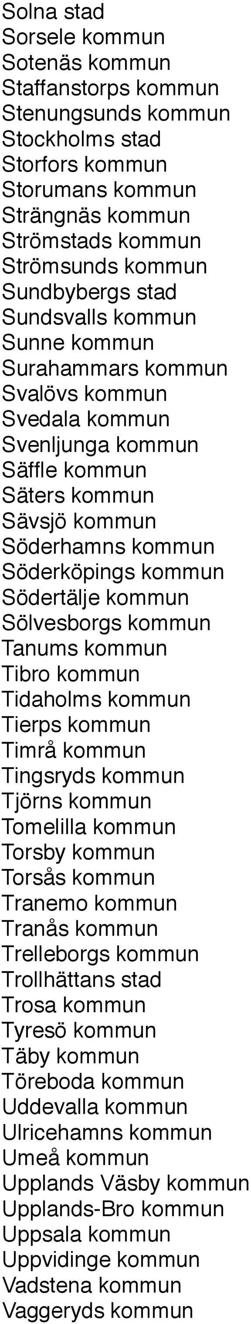 kommun Sölvesborgs kommun Tanums kommun Tibro kommun Tidaholms kommun Tierps kommun Timrå kommun Tingsryds kommun Tjörns kommun Tomelilla kommun Torsby kommun Torsås kommun Tranemo kommun Tranås