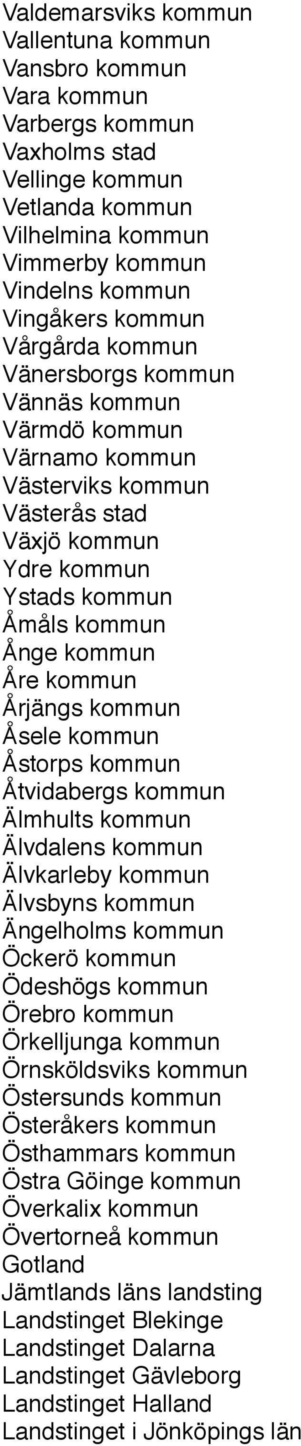 Åsele kommun Åstorps kommun Åtvidabergs kommun Älmhults kommun Älvdalens kommun Älvkarleby kommun Älvsbyns kommun Ängelholms kommun Öckerö kommun Ödeshögs kommun Örebro kommun Örkelljunga kommun