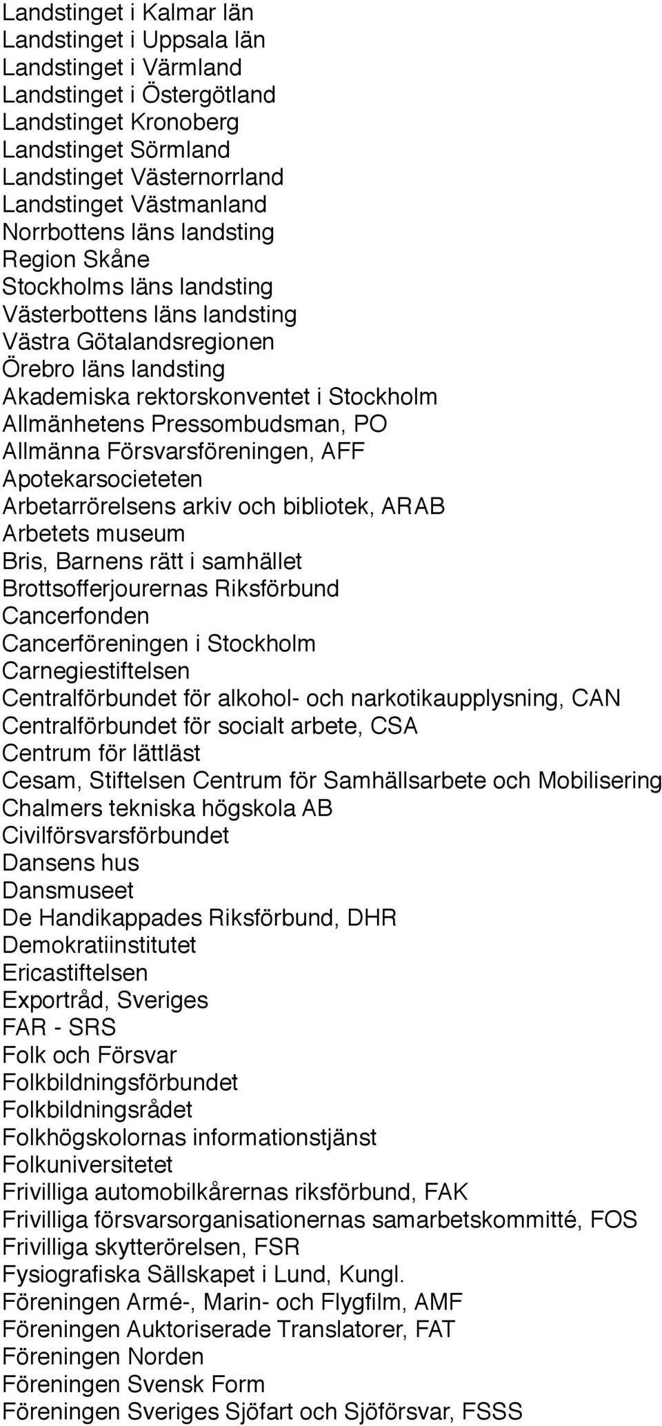 Pressombudsman, PO Allmänna Försvarsföreningen, AFF Apotekarsocieteten Arbetarrörelsens arkiv och bibliotek, ARAB Arbetets museum Bris, Barnens rätt i samhället Brottsofferjourernas Riksförbund