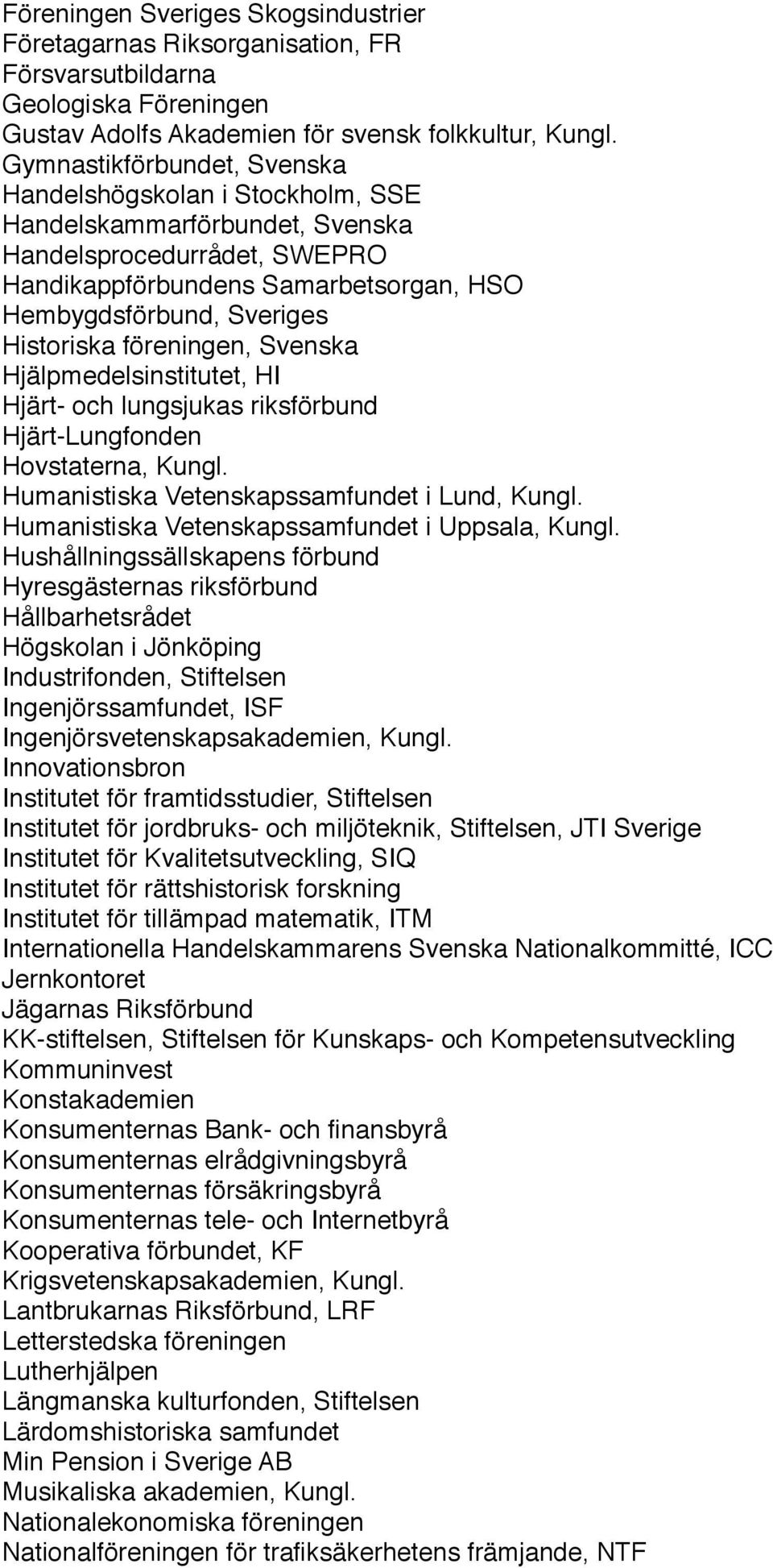 föreningen, Svenska Hjälpmedelsinstitutet, HI Hjärt- och lungsjukas riksförbund Hjärt-Lungfonden Hovstaterna, Kungl. Humanistiska Vetenskapssamfundet i Lund, Kungl.