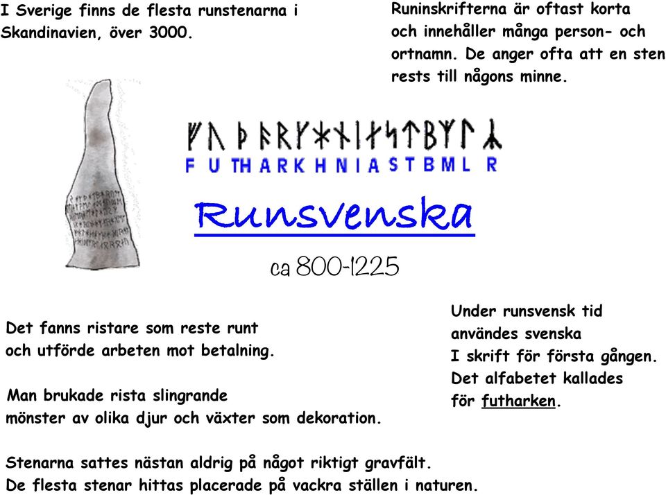 Man brukade rista slingrande mönster av olika djur och växter som dekoration. Under runsvensk tid användes svenska I skrift för första gången.