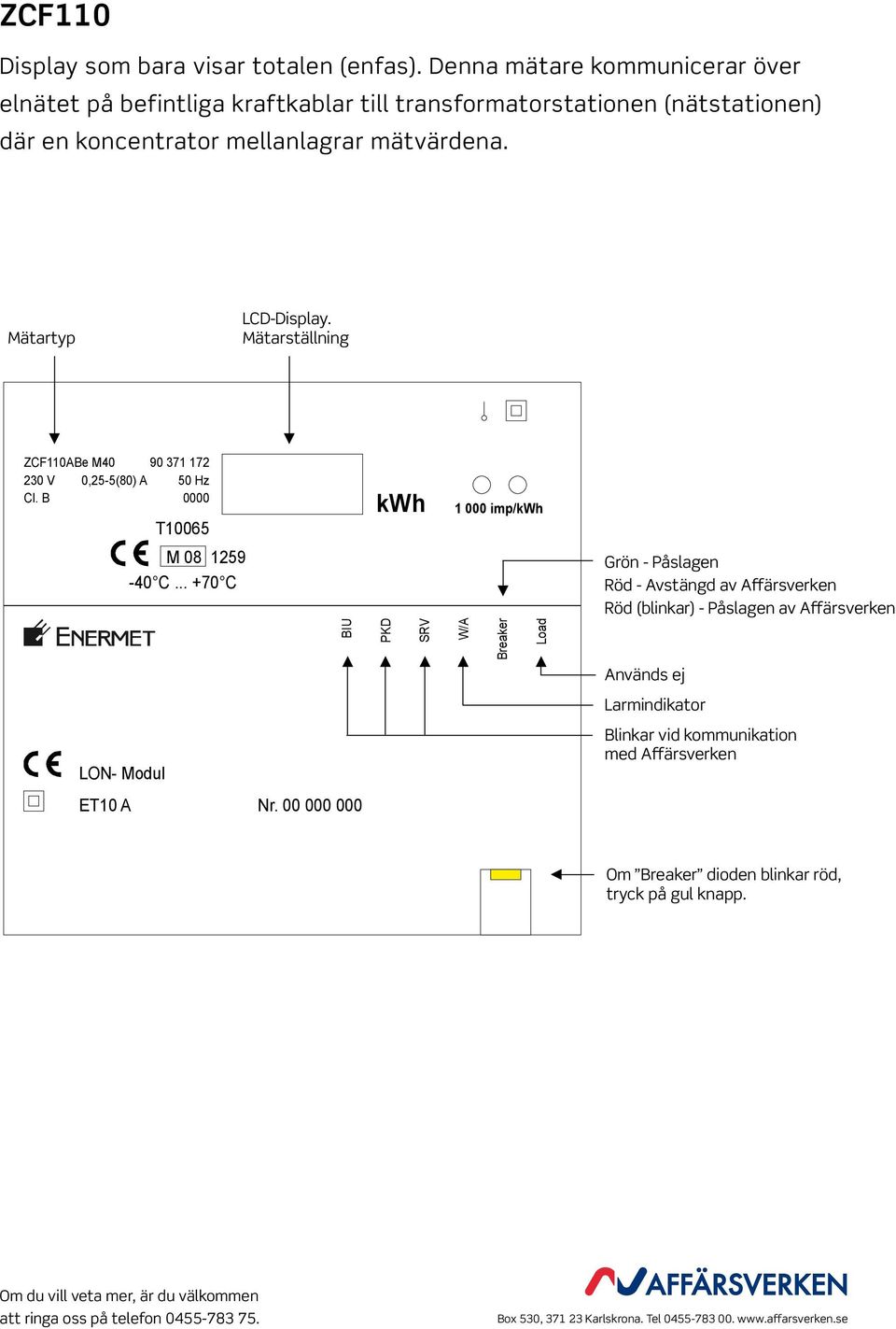 mellanlagrar mätvärdena. ZCF110ABe M40 90 371 17 30 V 0,5-5(80) A 50 Hz Cl. B T10065 1 000 imp/ M 08 159-40 C.