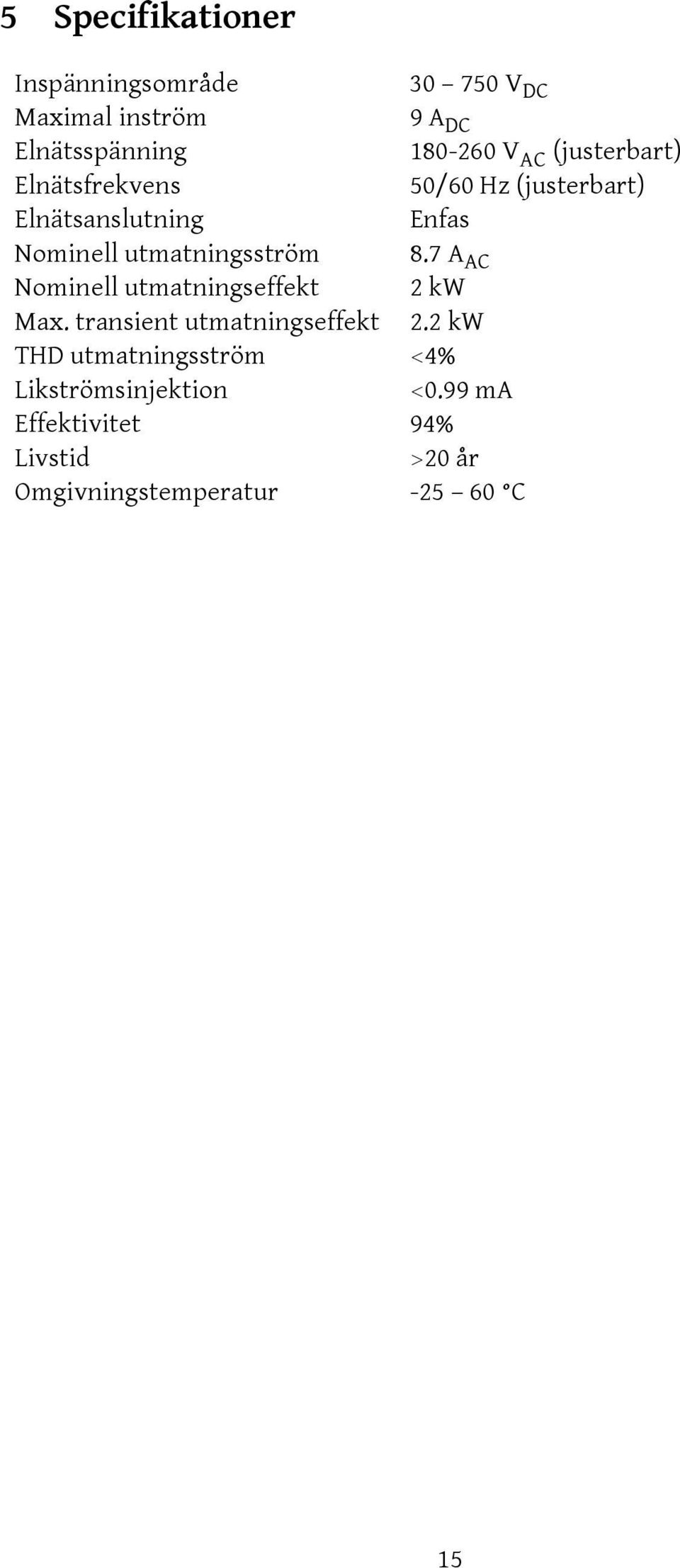 utmatningsström 8.7 A AC Nominell utmatningseffekt 2 kw Max. transient utmatningseffekt 2.