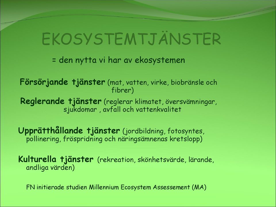 Upprätthållande tjänster (jordbildning, fotosyntes, pollinering, fröspridning och näringsämnenas kretslopp)