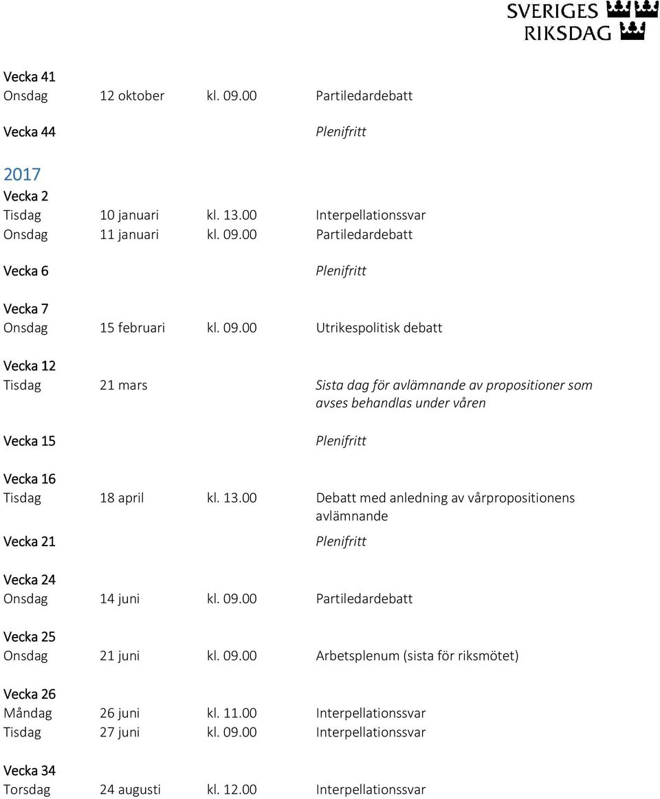 00 Debatt med anledning av vårpropositionens Vecka 21 Onsdag 14 juni kl. 09.00 Partiledardebatt Onsdag 21 juni kl. 09.00 Arbetsplenum (sista för riksmötet) Måndag 26 juni kl.