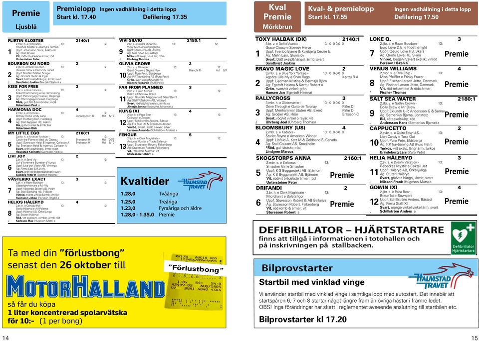 Start kl. 17.55 Mio Granit Defilering e Bolets Igor 17.50 DRIFANDI Ingen vadhållning i detta 2 lopp FLIRTIN KLOSTER 210:1 VIVI SILVIO 0 2180:1 TOXY HALBAK 0 (DK) 210:1 LOKE Q. 0 2,mbr. h.