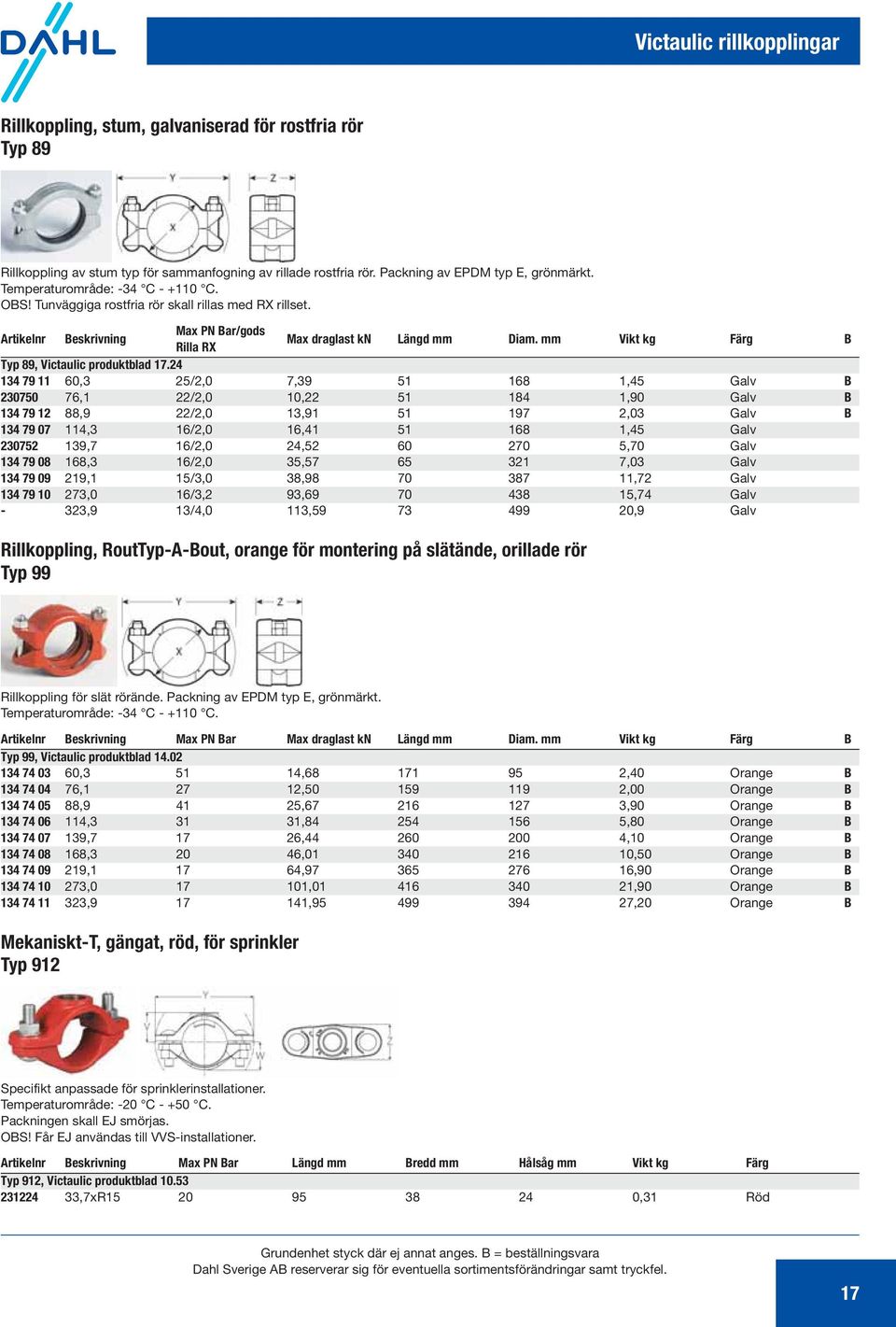 mm Vikt kg Färg B Typ 89, Victaulic produktblad 17.
