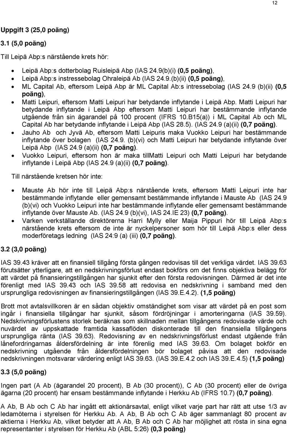 9 (b)(ii) (0,5 poäng), Matti Leipuri, eftersom Matti Leipuri har betydande inflytande i Leipä Abp.