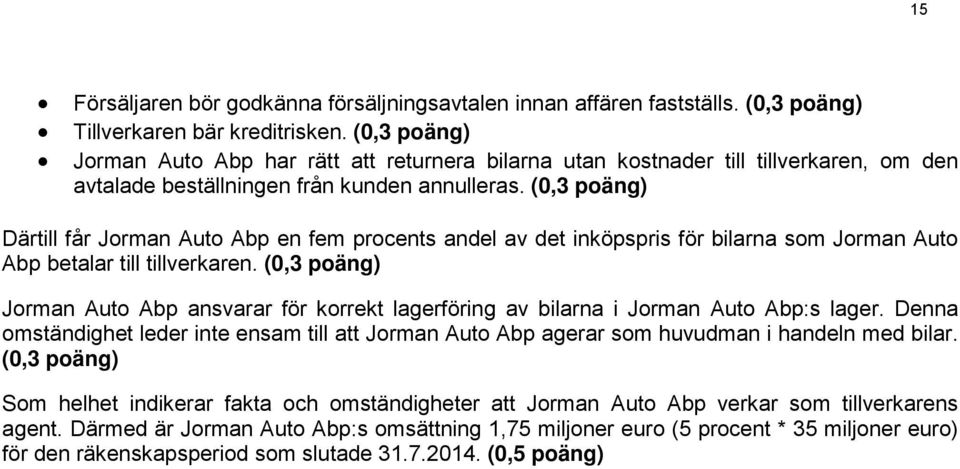 (0,3 poäng) Därtill får Jorman Auto Abp en fem procents andel av det inköpspris för bilarna som Jorman Auto Abp betalar till tillverkaren.