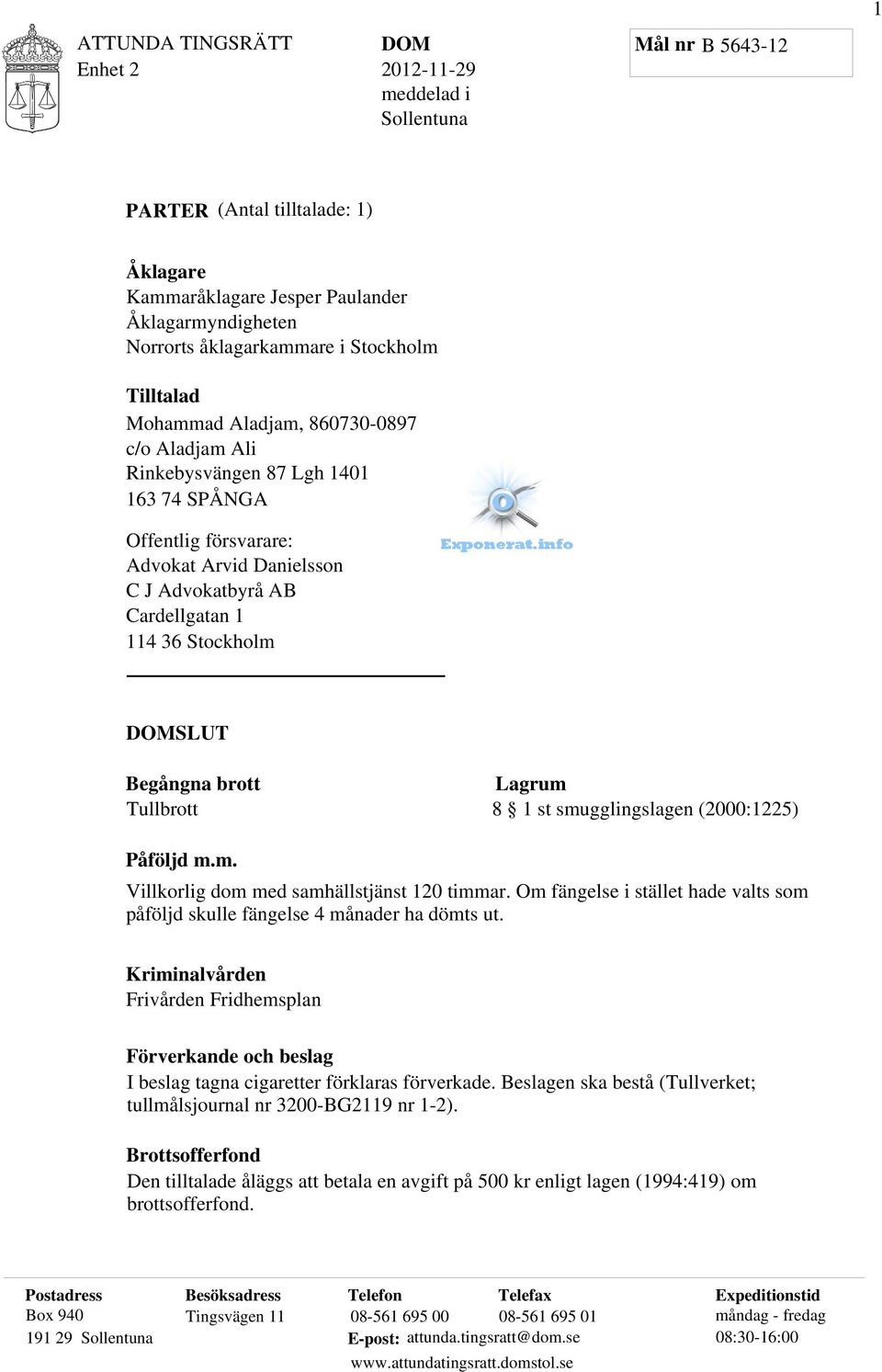 Lagrum 8 1 st smugglingslagen (2000:1225) Påföljd m.m. Villkorlig dom med samhällstjänst 120 timmar. Om fängelse i stället hade valts som påföljd skulle fängelse 4 månader ha dömts ut.