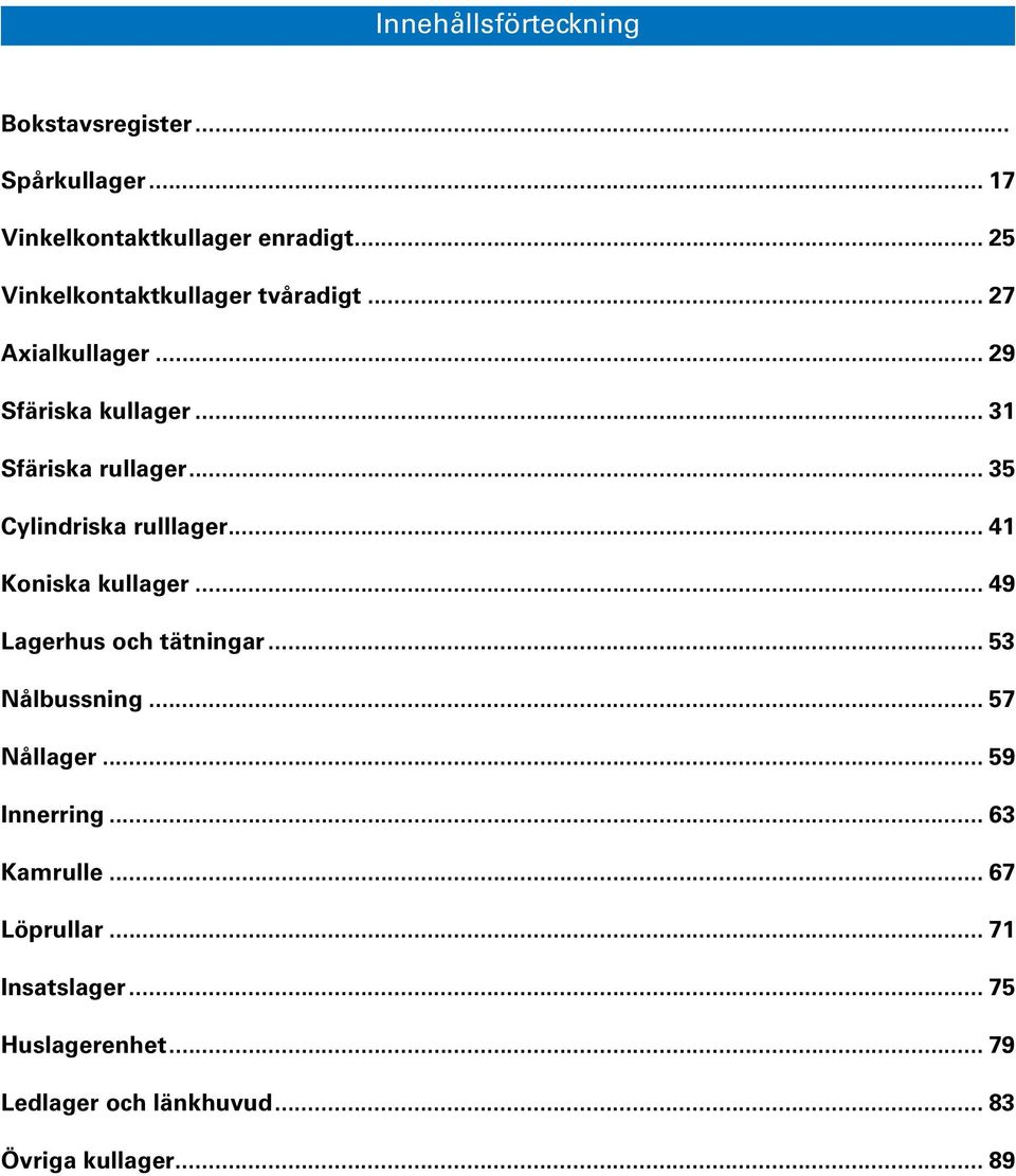 .. 35 Cylindriska rulllager... 41 Koniska kullager... 49 Lagerhus och tätningar... 53 Nålbussning... 57 Nållager.