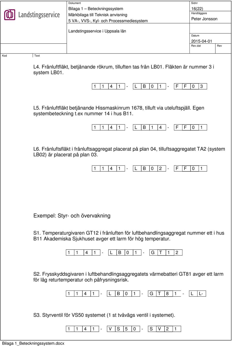 Frånluftsfläkt i frånluftsaggregat placerat på plan 04, tilluftsaggregatet TA2 (system LB02) är placerat på plan 03. 1 1 4 1 - L B 0 2 - F F 0 1 Exempel: Styr- och övervakning S1.