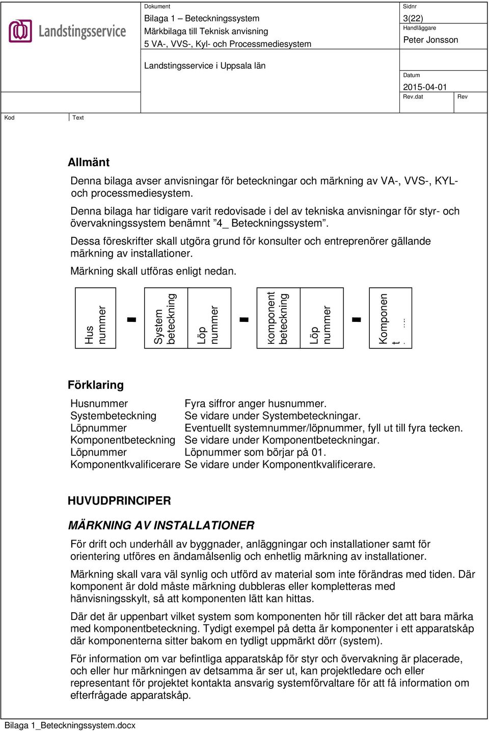 Dessa föreskrifter skall utgöra grund för konsulter och entreprenörer gällande märkning av installationer. Märkning skall utföras enligt nedan.