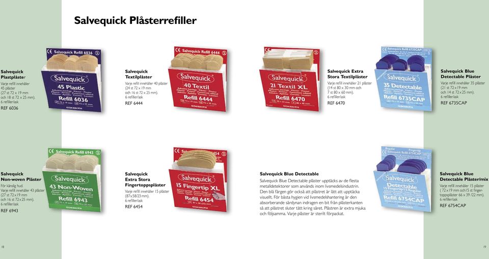 6 refiller/ask REF 6444 Salvequick Extra Stora Textilplåster Varje refill innehåller 21 plåster (14 st 80 x 30 mm och 7 st 80 x 60 mm).