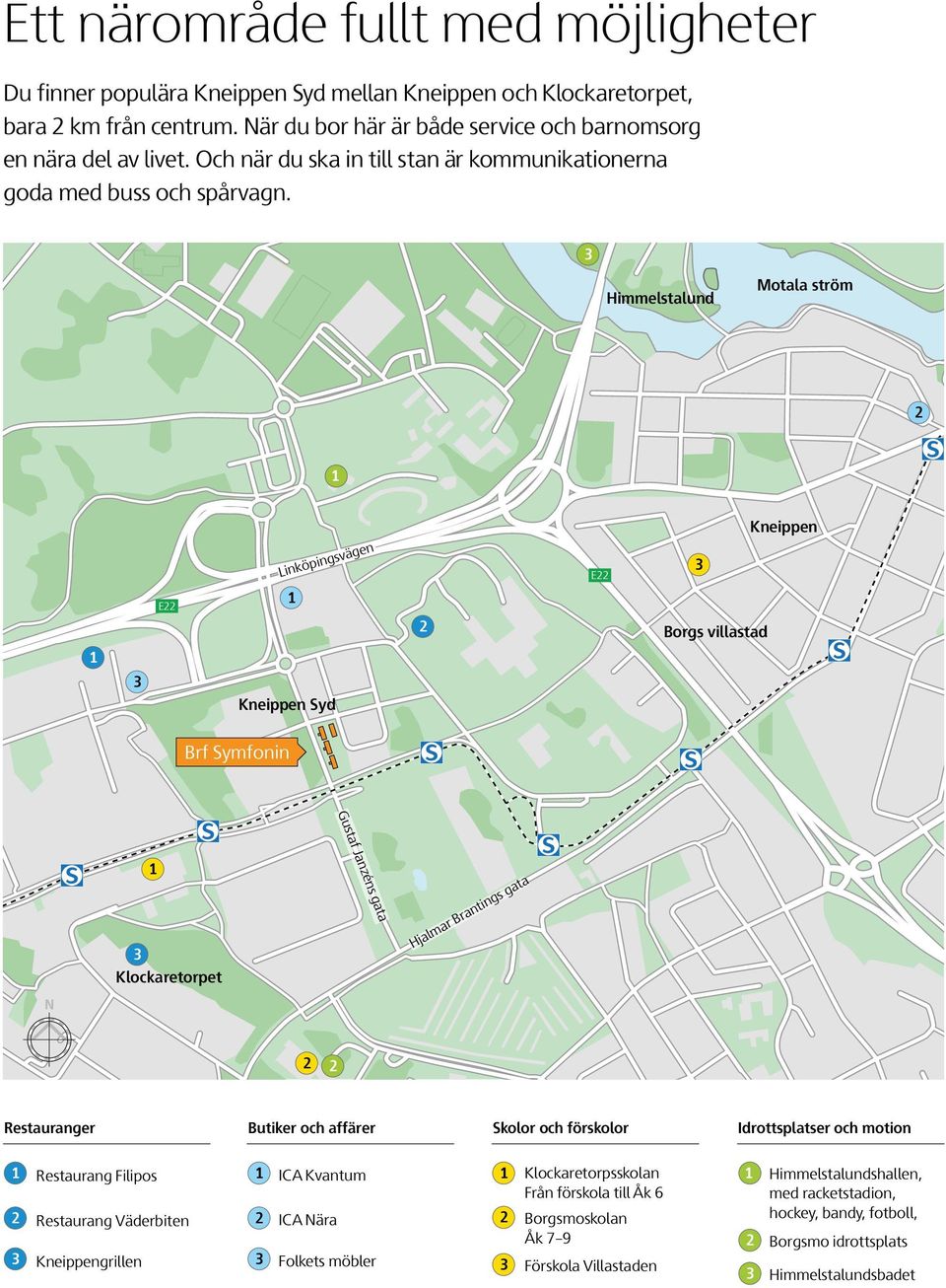 3 Himmelstalund Motala ström 2 1 Kneippen Linköpingsvägen E22 3 E22 1 2 Borgs villastad 1 3 Kneippen Syd Brf Symfonin Gustaf Janzéns gata 1 3 Klockaretorpet Hjalmar Brantings gata 2 2 Restauranger