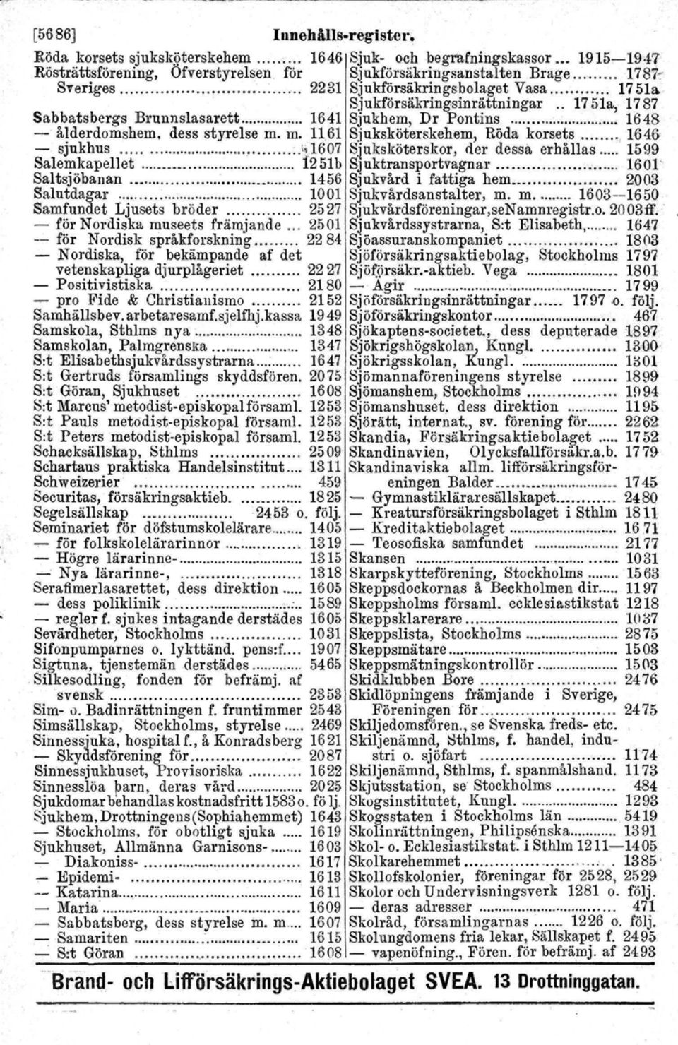 61 Sjuksköterskehem, Röda korsets 1646 - sjukhus ',.1607 Sjuksköterskor, der dessa erhållas 1599 SalemkapelJet 1251b S~uktransportvagnar 1601' Salbsjöbanan.